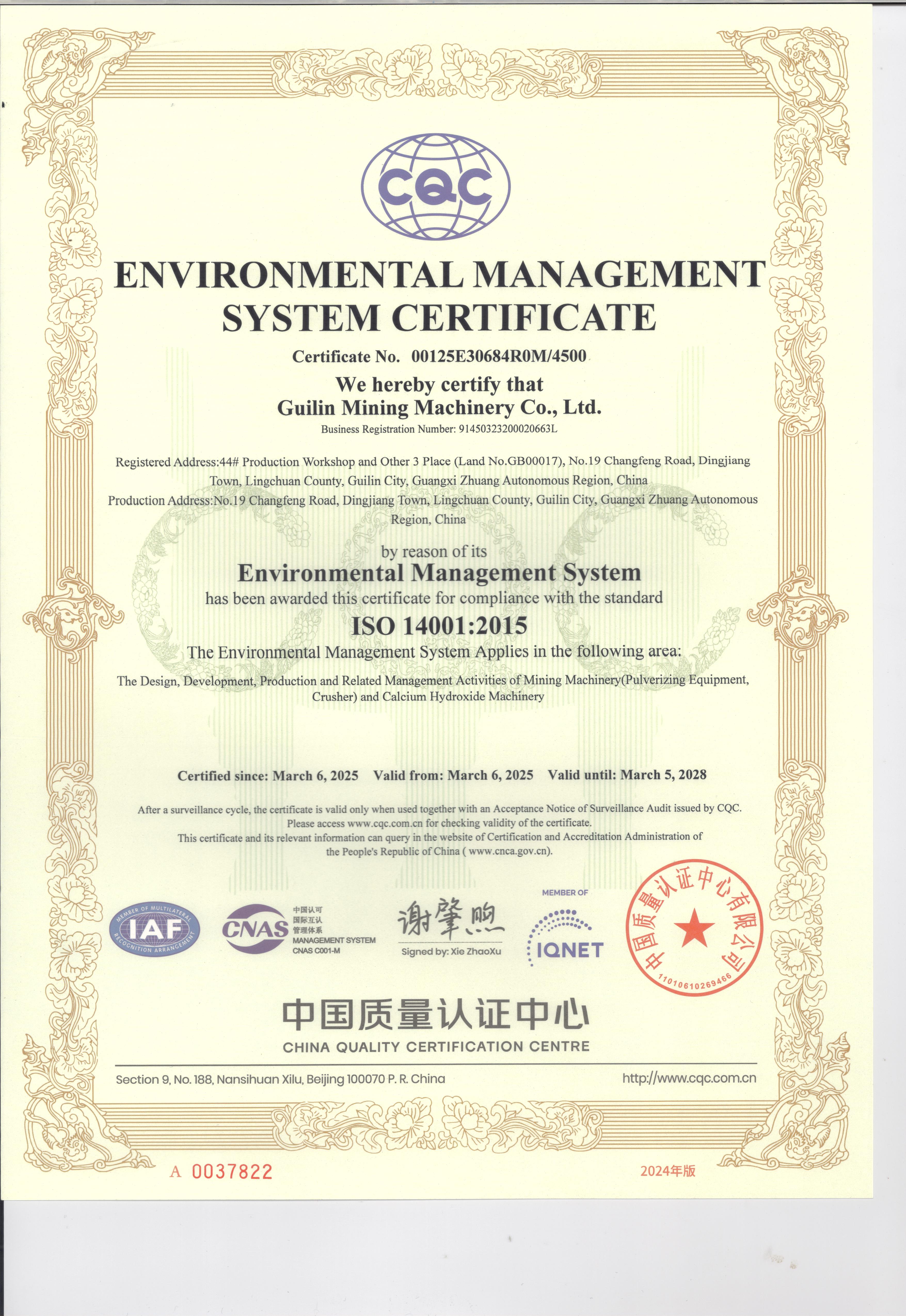 ISO 14001 Environmental Management Certificate
